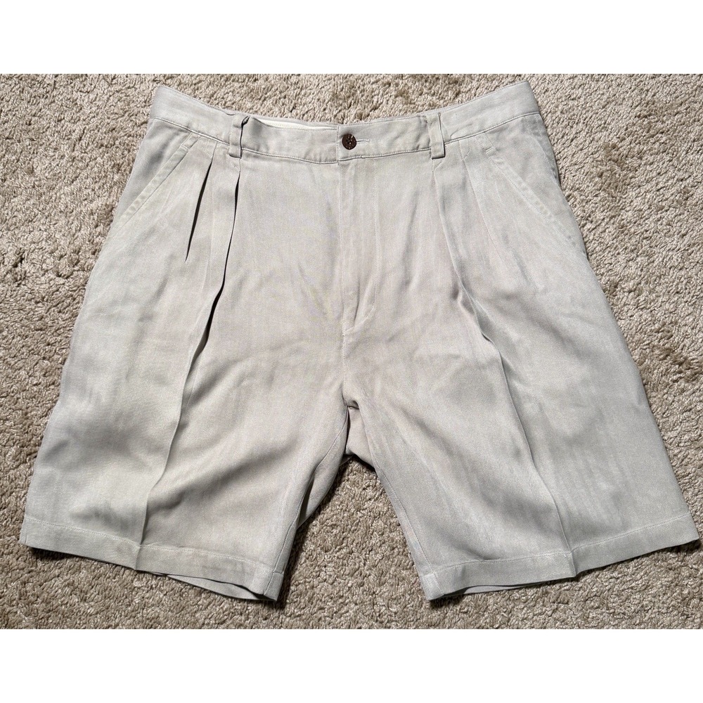 Tommy Bahama Chino Shorts Mens 34 X 9 Beige Relax Fit 100% Silk Pleated Golf EUC
